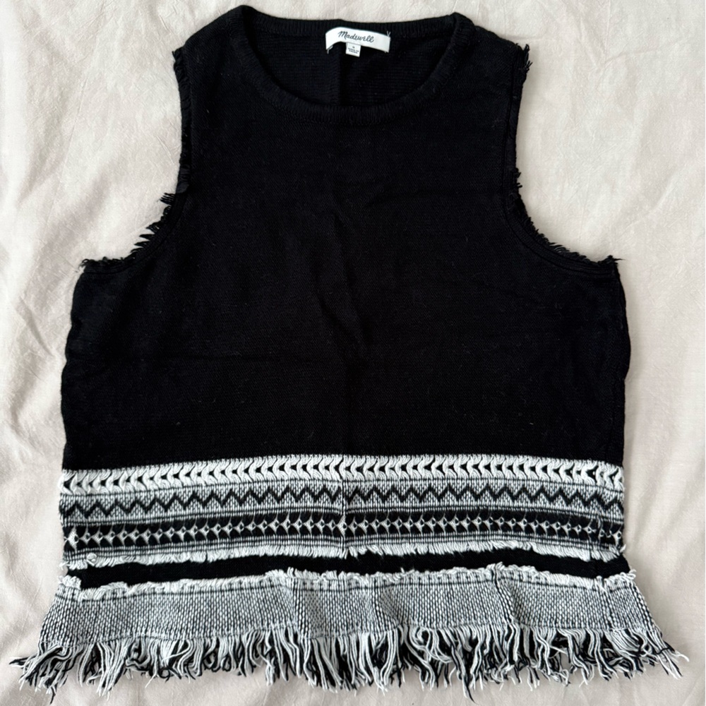 Madewell Black Knit Top with boho fringe